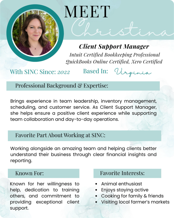 Bio page for one of SINC's Client Support Managers. Certified Bookkeeping Professional, specializin