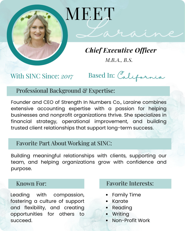Bio page for Laraine Hutcherson, the CEO of Strength In Numbers Co.