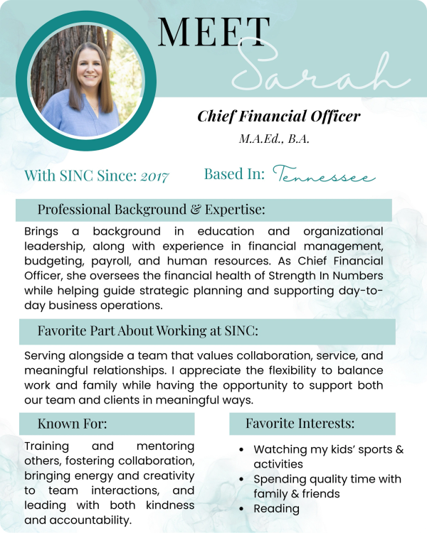 Bio page for the Chief Financial Office of Strength In Numbers Co.