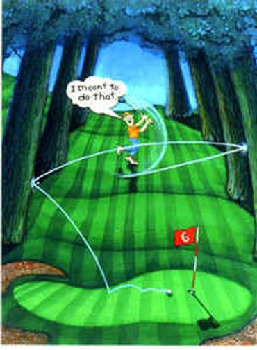 Golfer planning a tricky shot with a curved path to the hole.
