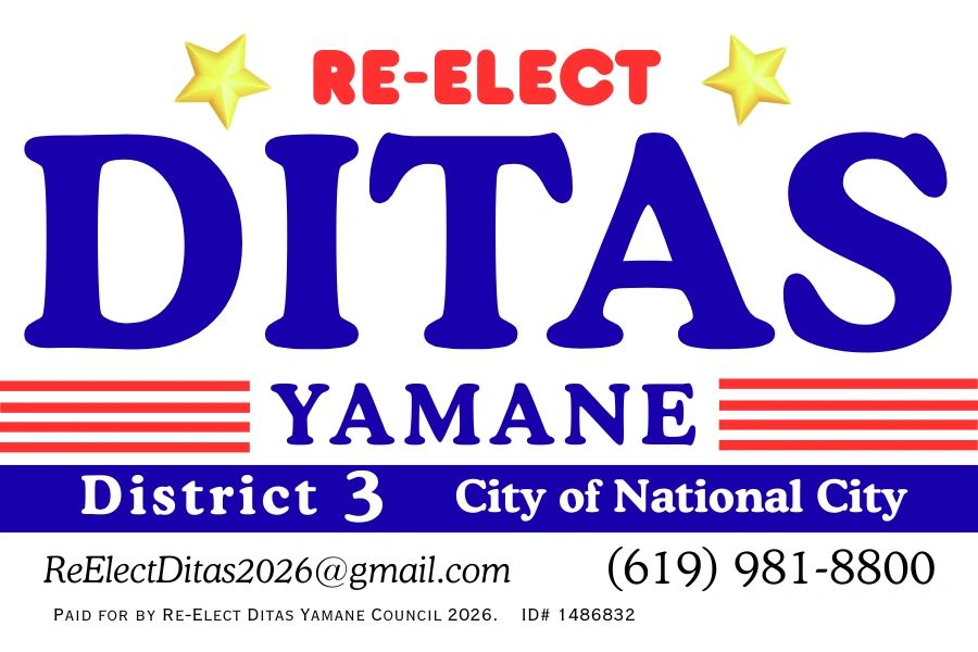 Campaign sign for re-electing Ditas Yamane in National City's District 3.