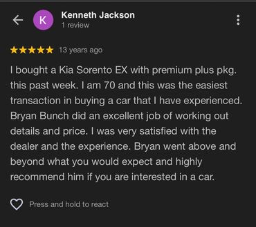 Positive review praising Bryan Bunch for excellent car buying experience.