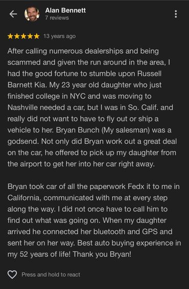 Positive 5-star review praising Bryan Bunch at Russell Barnett Kia for excellent service and support.