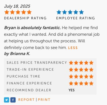 Five-star dealership and employee ratings with excellent customer feedback for Bryan.