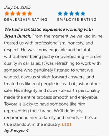Positive customer review praising Bryan Bunch for professionalism and integrity at a Toyota dealership.