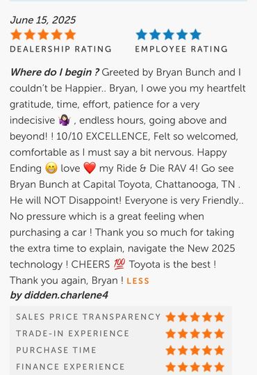 Positive dealership review praising Bryan Bunch and Capital Toyota in Chattanooga, TN.
