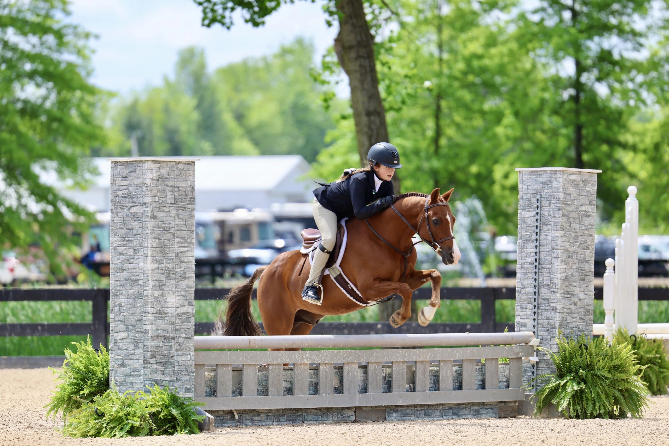 Horse and rider jumping over an obstacle.