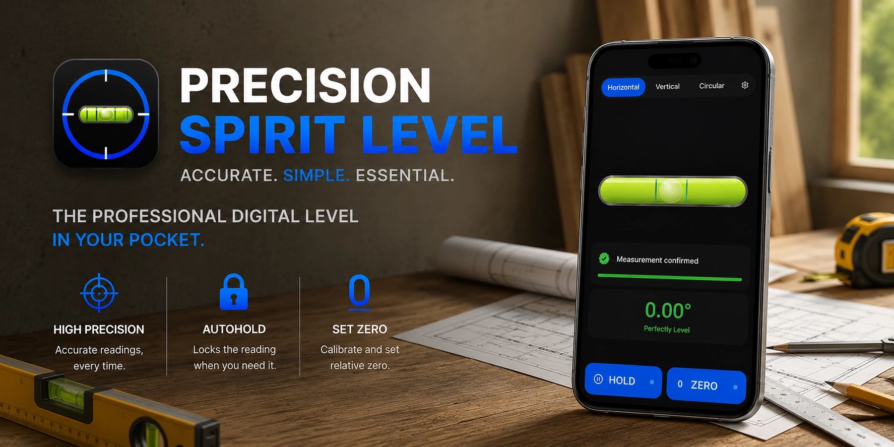 Professional digital precision spirit level app on smartphone.