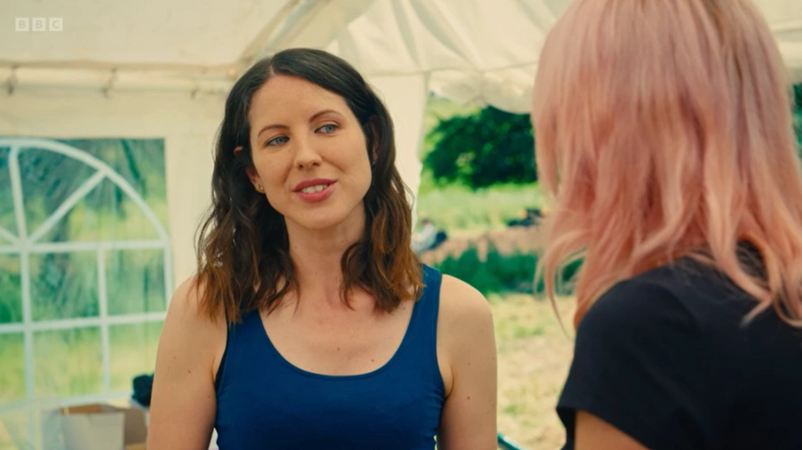 Dr Sophie Therese Ambler speaking to Alice Roberts in archaeology tent filming Digging for Britain