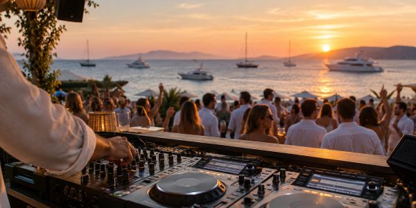 DJ playing music at a beach party during sunset.