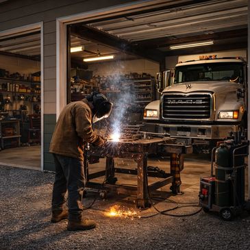 A person welding metal outside a garage with a truck nearby.