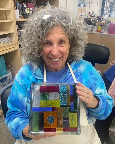 ALL NEWBIES TO MOSAICS AND MADE BEAUTIFUL GLASS BLOCK LAMPS  WHILE LEANRING BASIC CUTTING SKILLS, DE
