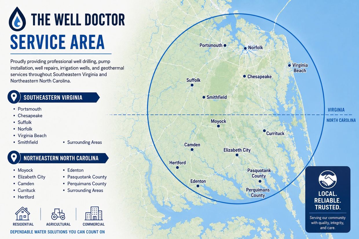 The Well Doctor's service area covering Southeastern Virginia and Northeastern North Carolina.