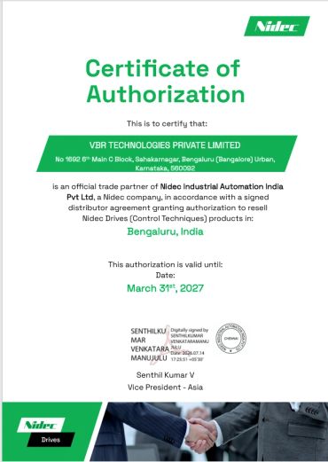 Certificate of Authorization for VBR Technologies by Nidec Industrial Automation India.