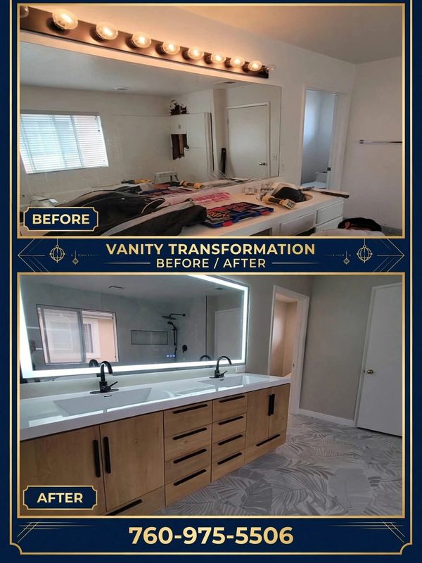 Vanity transformation with modern fixtures and clean design.