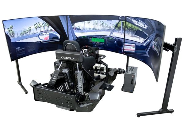 High-tech racing simulator setup with triple curved monitors.