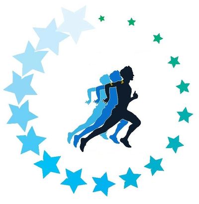 Silhouettes of a runner in motion surrounded by stars in a circular gradient.