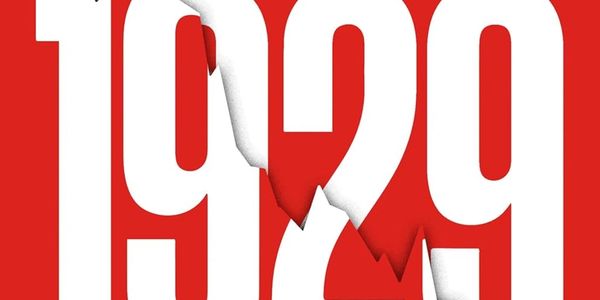 Red and white graphic with the year 1929 torn in the center.