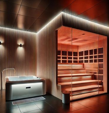 Modern spa area with illuminated sauna and a hot tub.