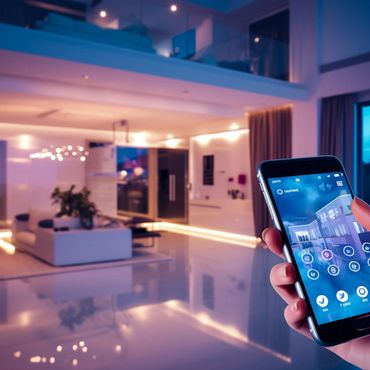A hand holding a smartphone controlling a modern smart home.