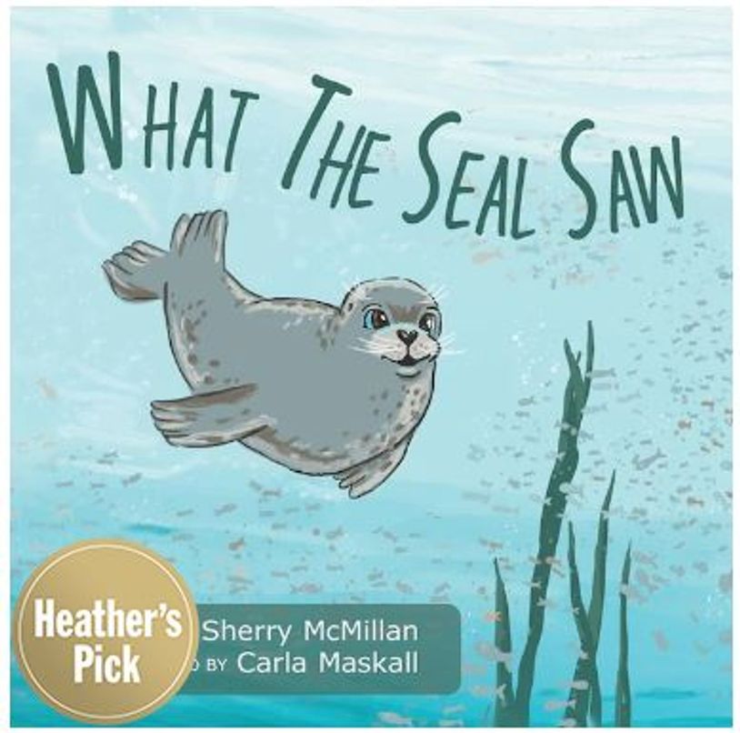 A grey seal smiles as it swims through a school of grey fish.  The gold Heather's Pick sticker. 