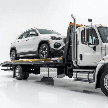 White SUV on flatbed tow truck