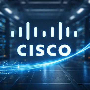 Glowing Cisco logo with blue light streaks against a tech background.