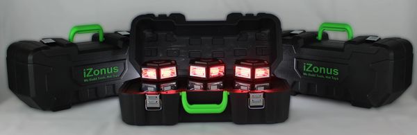 Hard case set of 9 iZonus Pro Series Lights with lights on. Best safety lights on the market