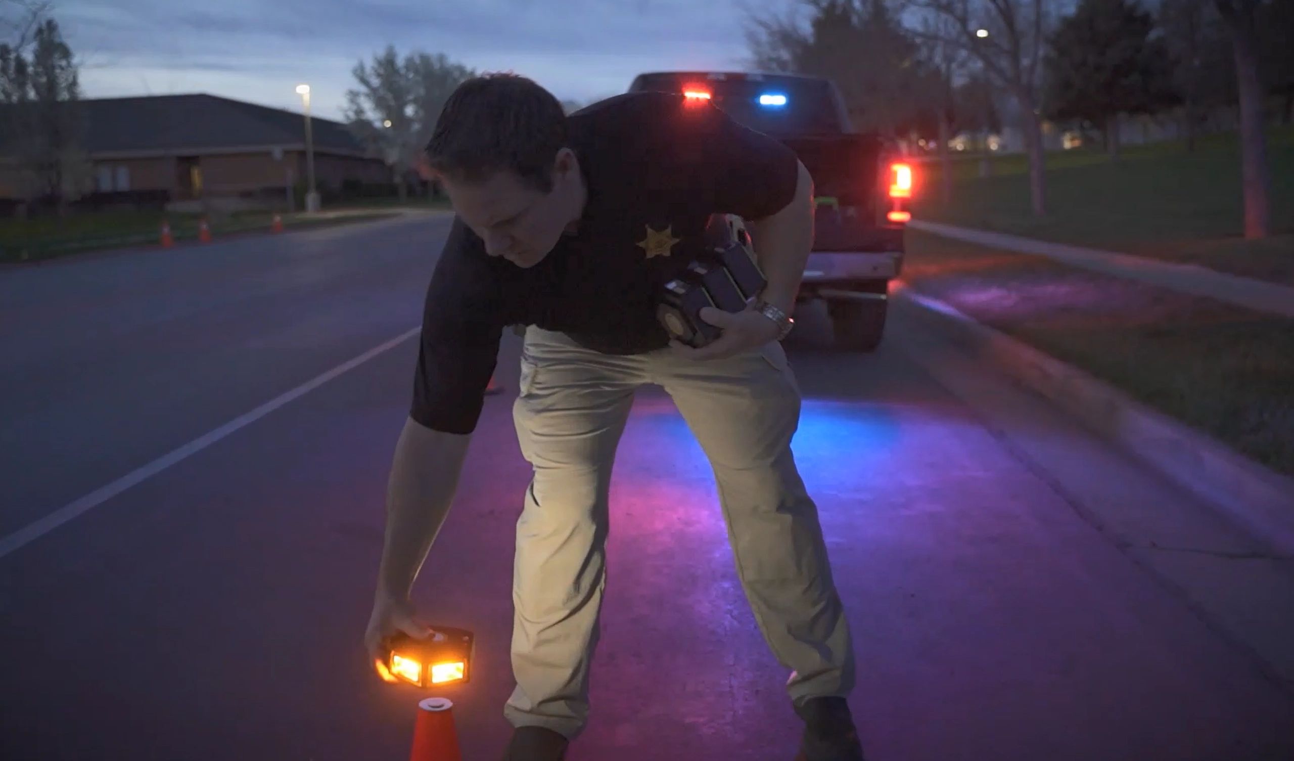 Setting out the lights on a cone. Magnetically attached to the cone top attachment