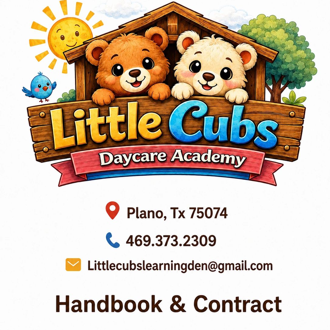 Logo and contact info for Little Cubs Daycare Academy in Plano, Texas.