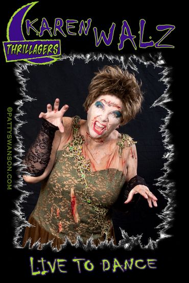 Karen Walz in zombie makeup promoting Thrillagers Live to Dance.