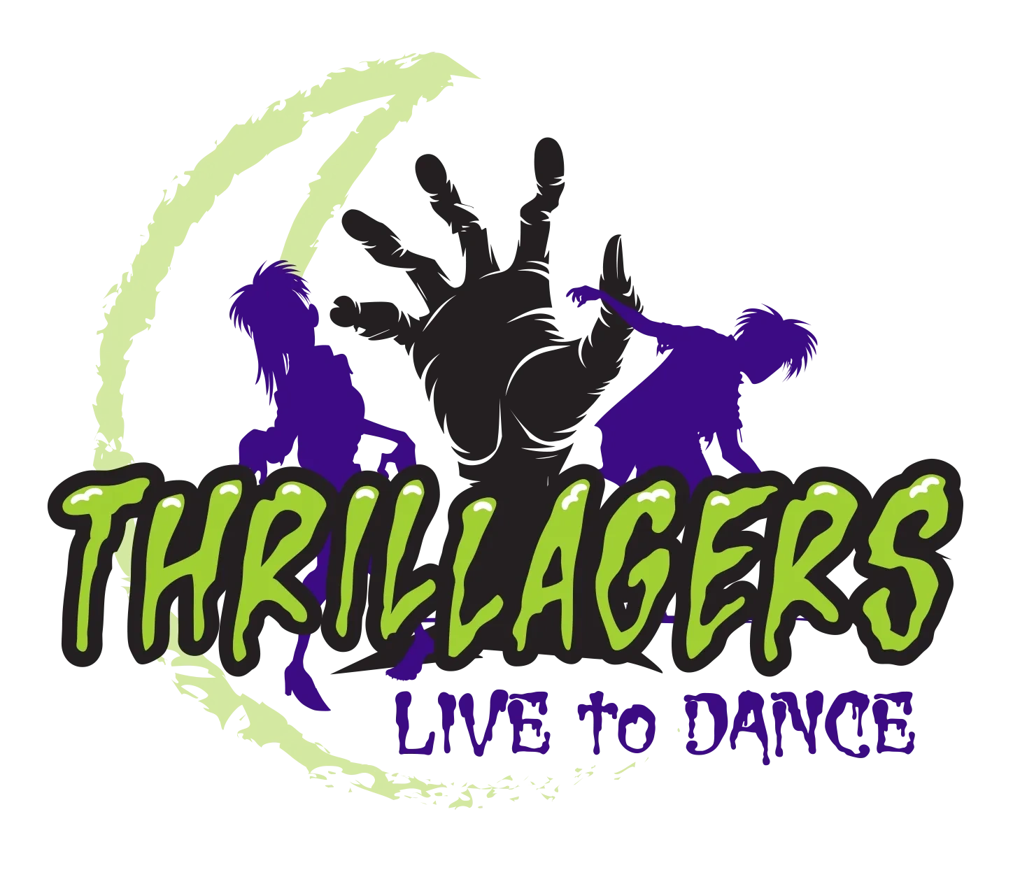 Thrillagers logo with a pair of dancing zombies and a hand reaching out of the grave. Live to dance!