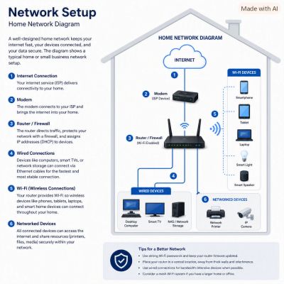 Home network setup diagram with internet, modem, router, and devices.