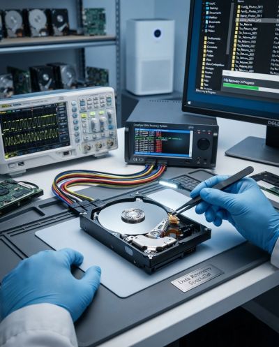 Technician repairing a hard drive in a data recovery setup.