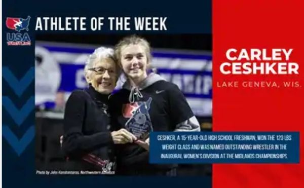 Carley Chesker is selected USA wrestlings High School Wrestling wrestler of the week.