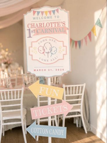 Sign welcoming guests to Charlotte's 1st carnival with directions to fun, tickets, and cotton candy.