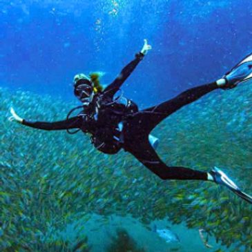 PADI Instructor Halie Rebeccaschild SCUBA diving in deep water in front of a school of fish.