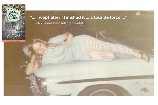 Vintage photo of a woman lying on a classic car hood with a memoir book cover and quote overlay.
