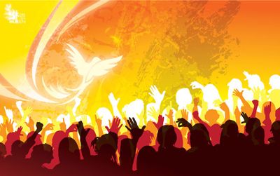 Silhouetted crowd with a white dove and warm, radiant background.
