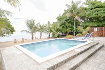 A serene poolside scene with palm trees and beach chairs.