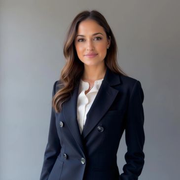 Confident woman in a black blazer and white blouse against a neutral background.