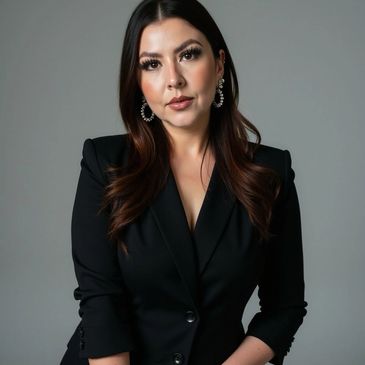 Confident woman in a black blazer with elegant earrings.