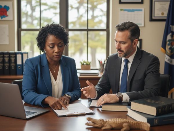 Two professionals discussing a document in an office setting.