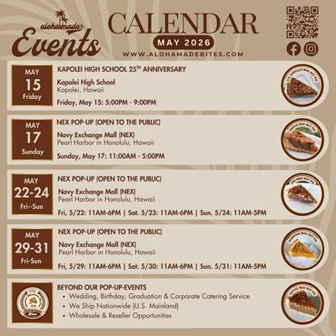 May 2026 Events Calendar i- AlohaMade Bites Hawaiian Macadamia Nut Pies Events Calendar Oahu Hawaii