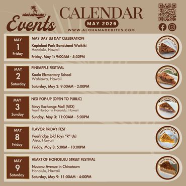 May 2026 Events Calendar i- AlohaMade Bites Hawaiian Macadamia Nut Pies Events Calendar Oahu Hawaii