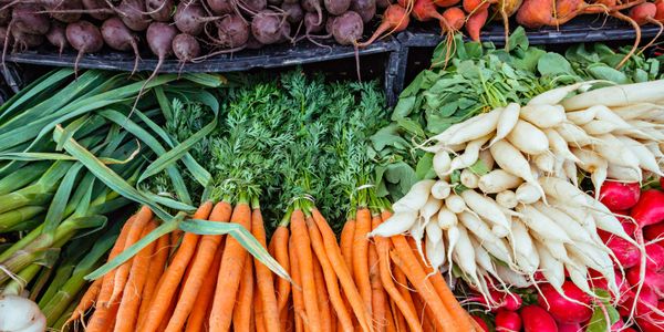 Bountiful produce stand. Filled with colorful, eye appealing root vegetables