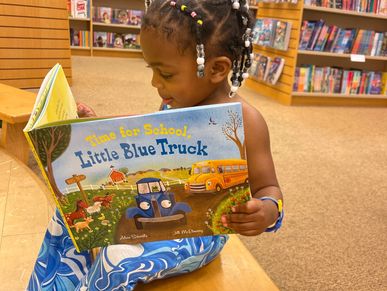 Young girl reading a childrens book in a library.