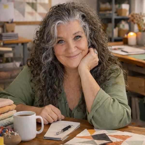 Smiling woman with curly hair sitting at a table with a notebook and coffee.