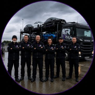 Team of six people in front of a car transport truck.