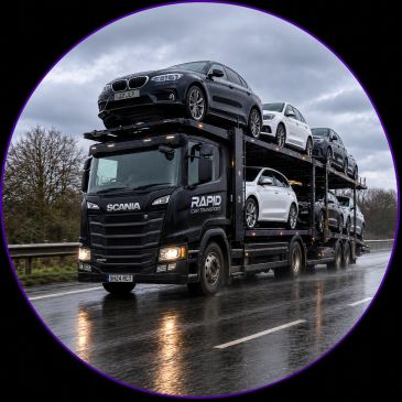 Car carrier truck transporting six cars on a rainy highway.